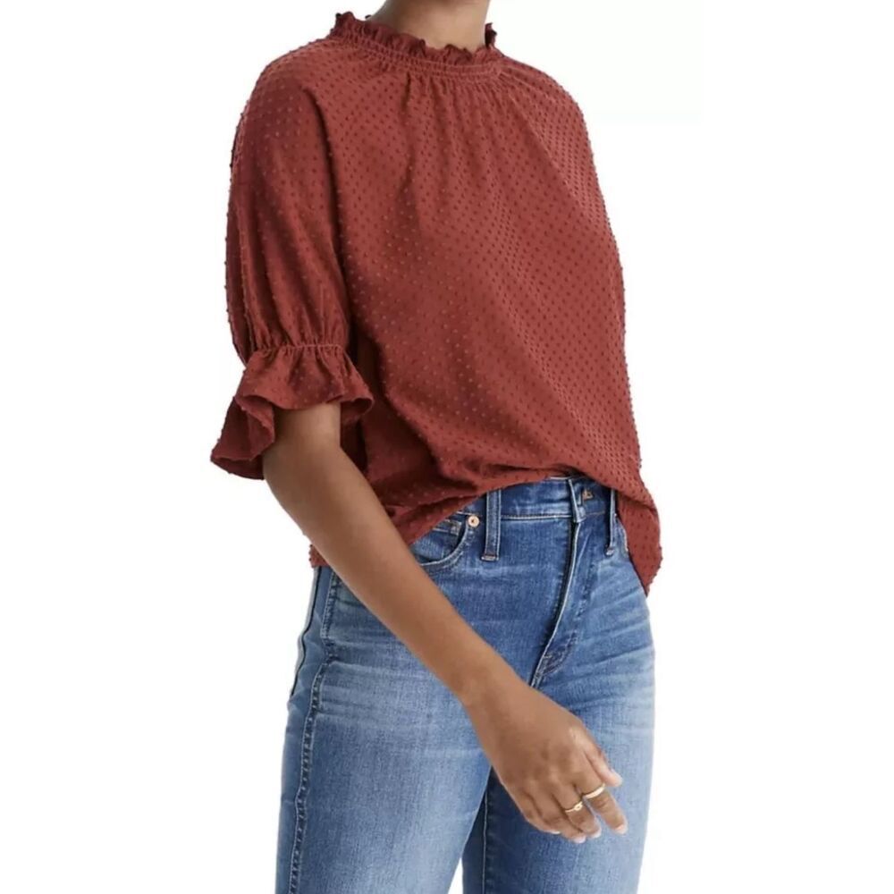 Madewell‎ Texture and Thread Clipdot Ruffle Top in Clay Brown Size XXS